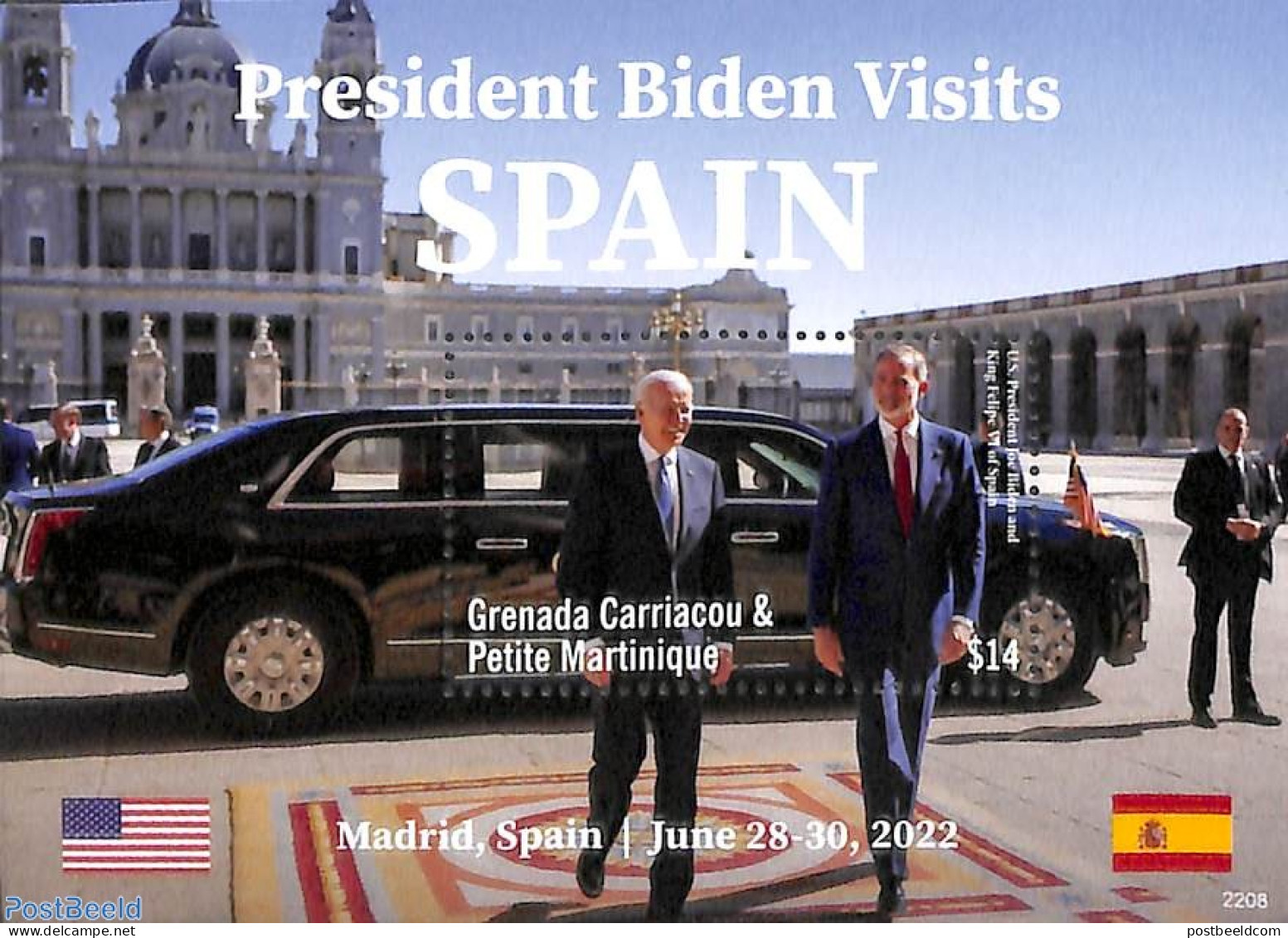 Grenada Grenadines 2022 President Biden Visits Spain S/s, Mint NH, History - Transport - American Presidents - Automob.. - Autos