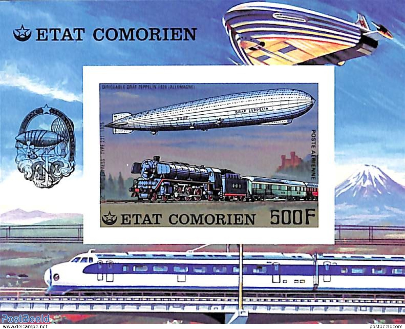 Comoros 1977 Railways, Airship S/s, Imperforated, Mint NH, Transport - Railways - Zeppelins - Trains