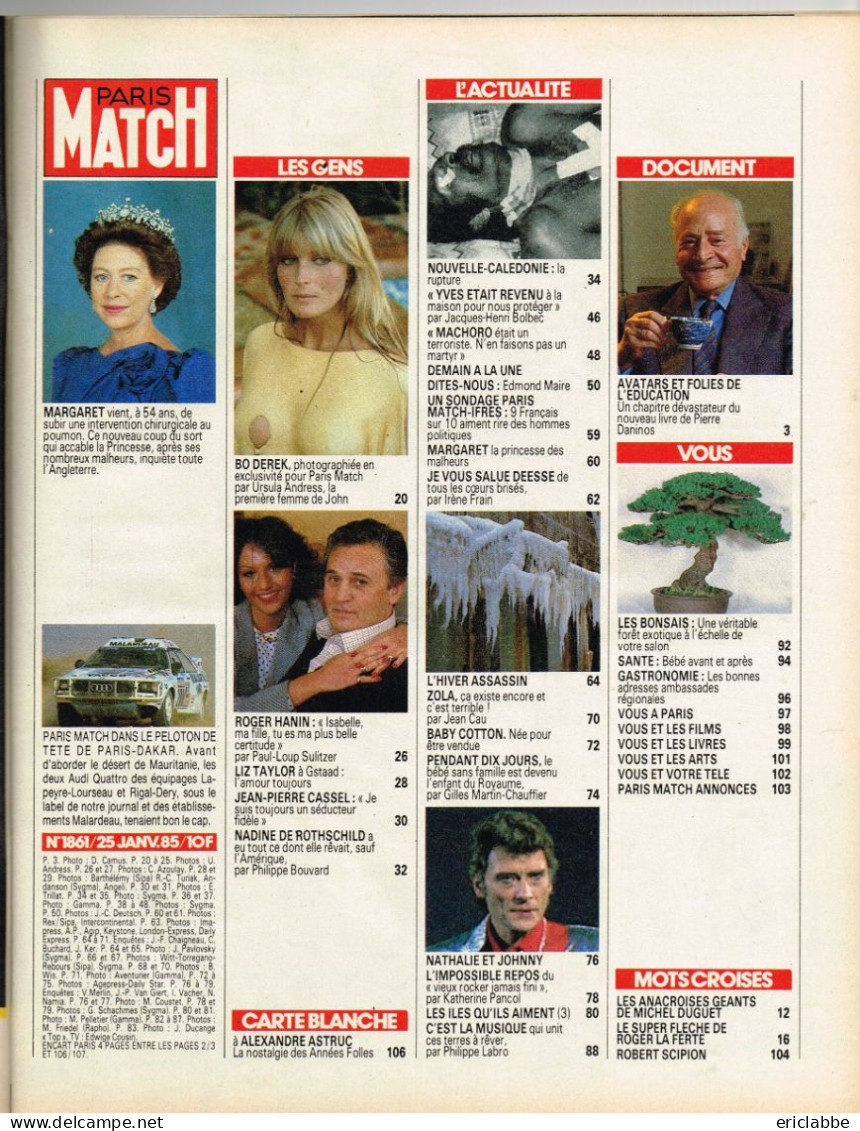 PARIS MATCH N°1861 Du 25 Janvier 1985 Princesse Margaret - Calédonie - Froid: Des Drames En France - Allgemeine Literatur