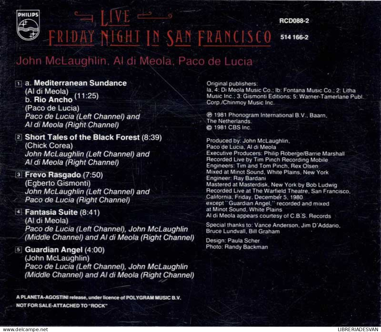 Al Di Meola, John McLaughlin Y Paco De Lucía - Friday Night In San Francisco. Live. CD - Jazz