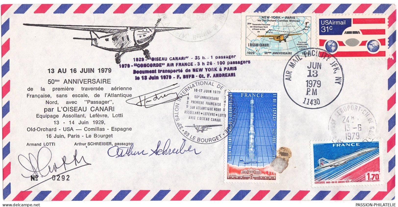 CONCORDE USA - FRANCE Signatures 13.06.1979 Avec Défaut 50e Anniv. Traversée Atlantique Nord Oiseau Canari + Vignette. - Concorde