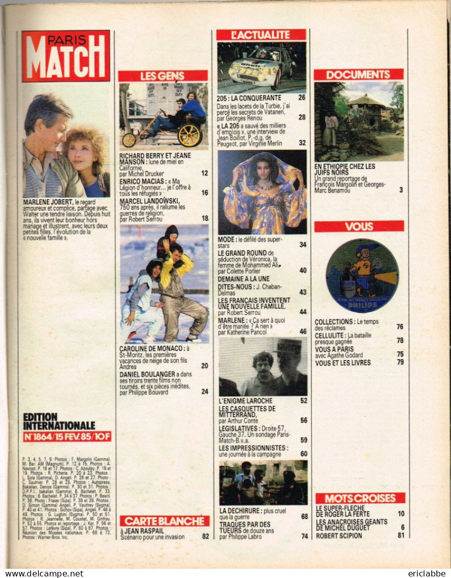 PARIS MATCH N°1864 Du 15 Février 1985 Marlene Jobert - Peugeot 205 - Laroche - Mode - Allgemeine Literatur