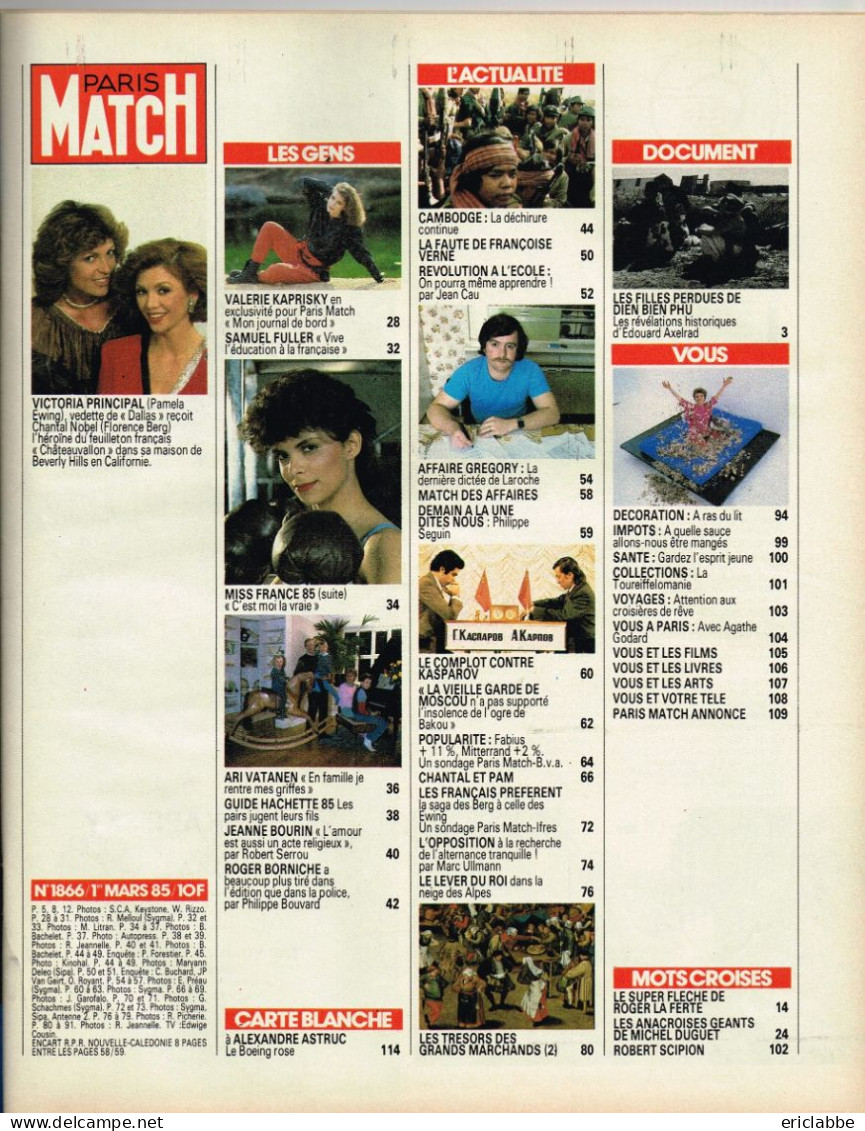 PARIS MATCH N°1866 Du 01 Mars 1985 Pamela Ewing Et Chantal Nobel - Laroche - L'école - Testi Generali