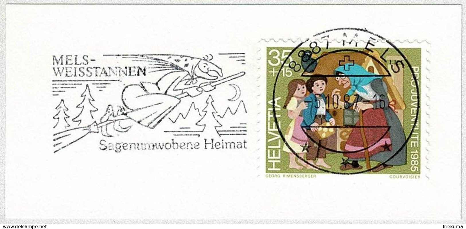 Schweiz / Helvetia 1987, Flaggenstempel Mels Weisstannen, Sage, Hexe / Sorcière / Witch - Cuentos, Fabulas Y Leyendas