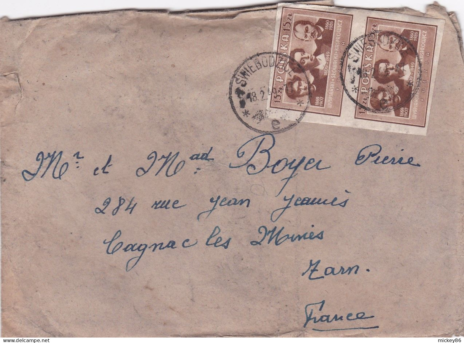 Pologne-1949--lettre De SWIEBODZICE  Pour CAGNAC LES MINES-81, Paire De Timbres Sur Lettre , Cachet - Covers & Documents