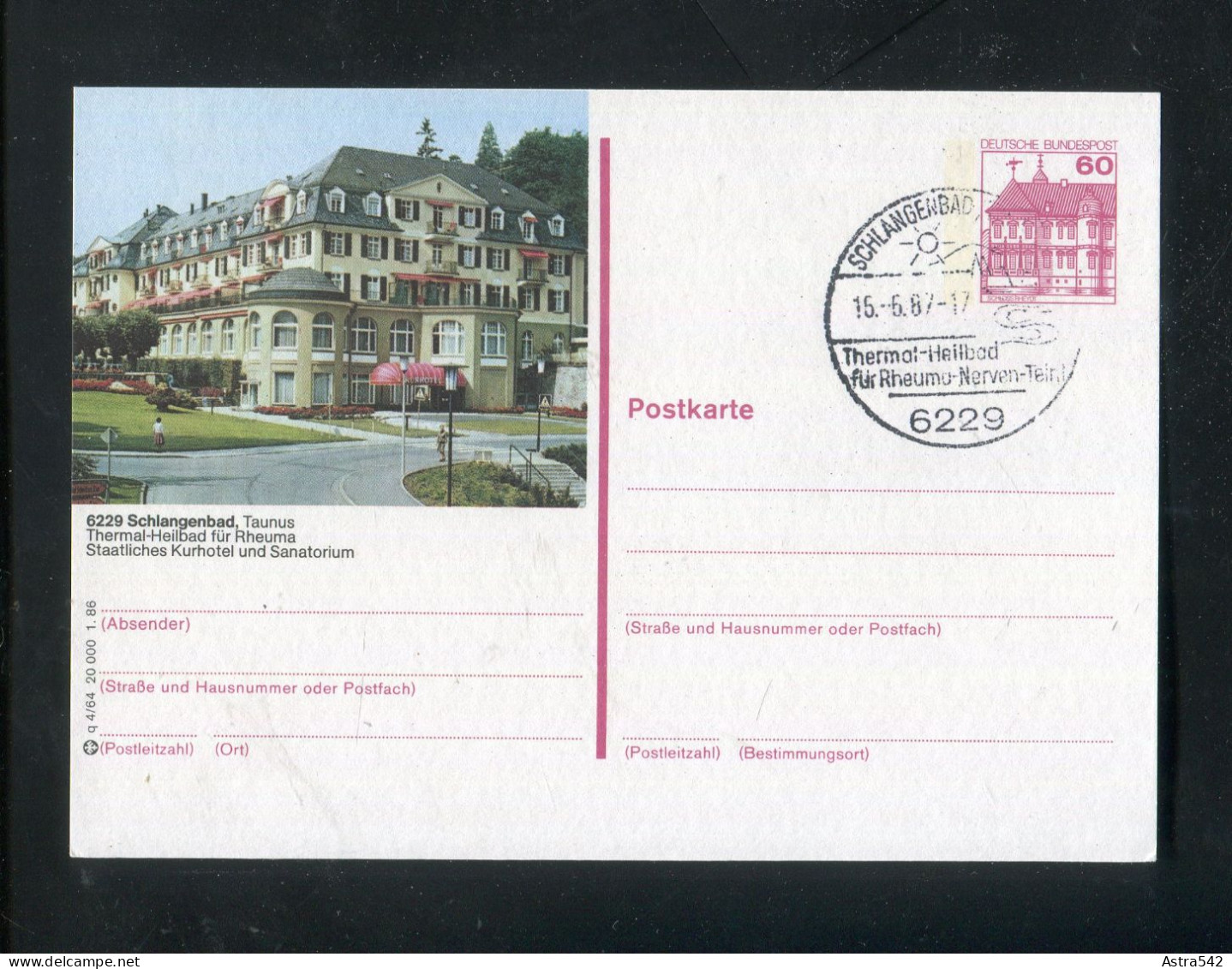 "BUNDESREPUBLIK DEUTSCHLAND" 1980, Bildpostkarte Mit Bildgleichem Stempel Ex "SCHLANGENBAD" (A1064) - Bildpostkarten - Gebraucht