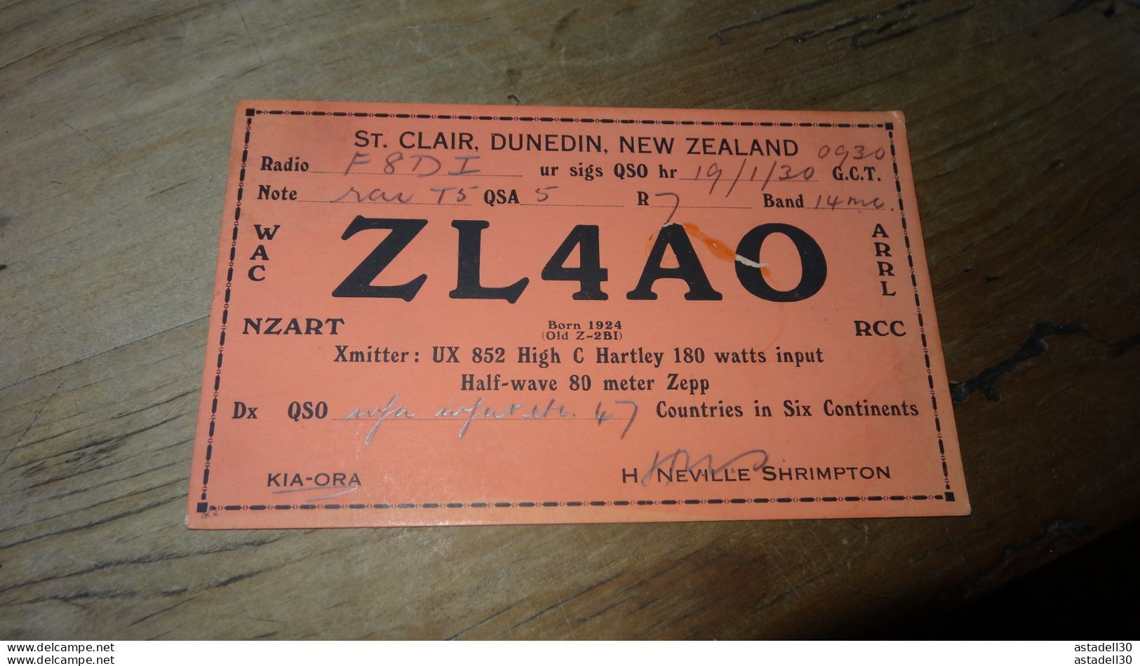 QSL - NEW ZEALAND, St Clair DUNEDIN, ZL4AO De 1930 ........... PHI ..... QSL-29 - Radio Amateur