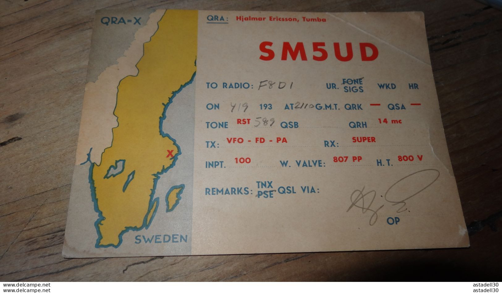 QSL - SWEDEN, Hjalmar ERICSSON, TUMBA, SM5UD , 1947 ........... PHI ..... QSL-31 - Radio Amateur