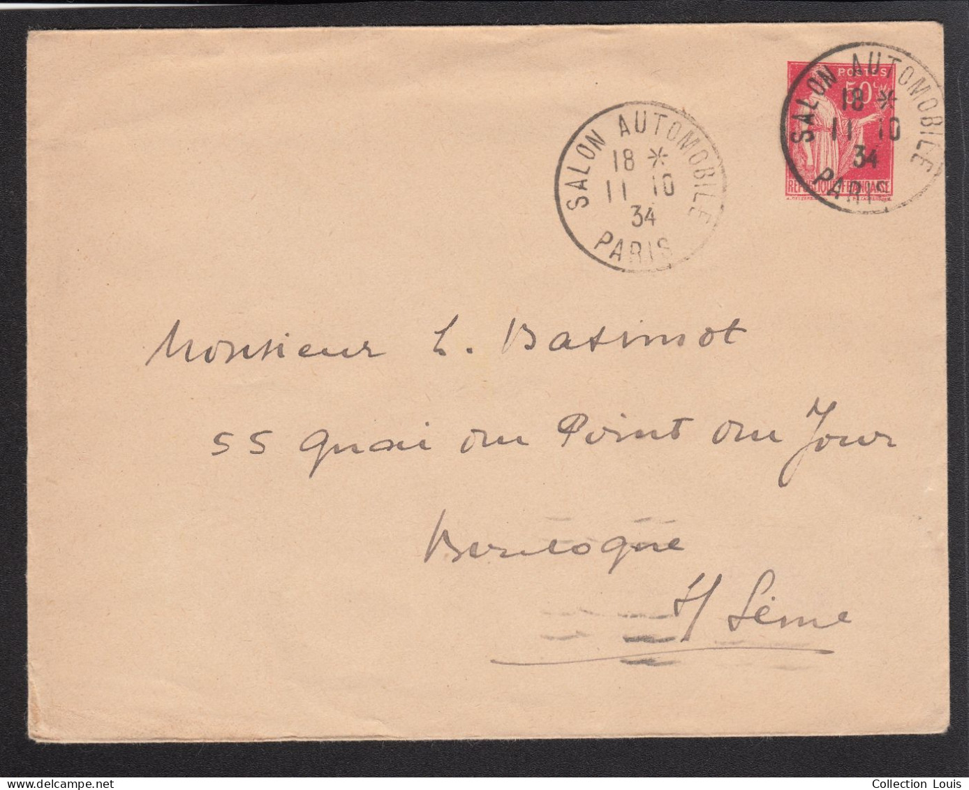 ENTIER POSTAL Type Paix Y&T N°283 E1 50c Oblitéré Salon De L'auto 11/10/1934 - Standard Covers & Stamped On Demand (before 1995)