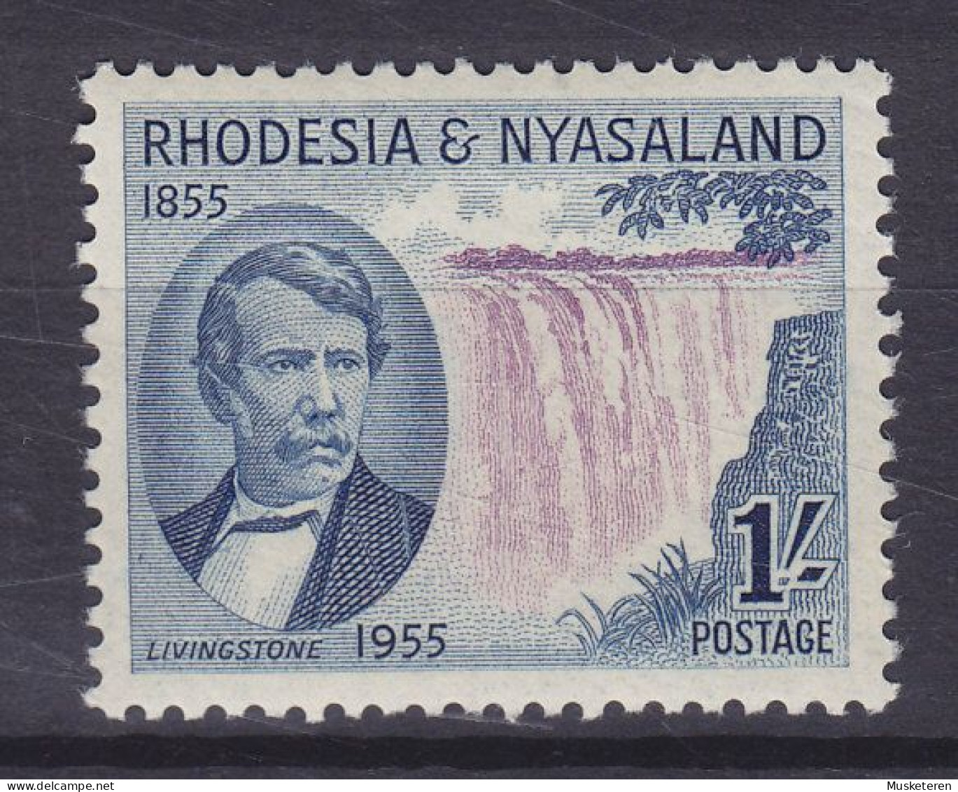 Rhodesia & Nyassaland 1955 Mi. 18, 1 Sh. David Livingstone & Victoria Falls, MNH** - Rhodésie & Nyasaland (1954-1963)