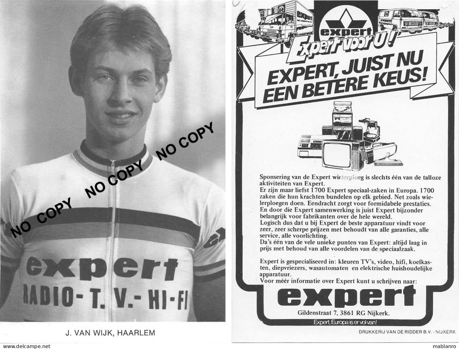 CARTE CICLISME JAN VAN WIJK TEAM EXPERT 1982 ( COUPE, FORMAT 9,5 X 14,5 VOIR PARTIE ARRIERE ) - Cyclisme