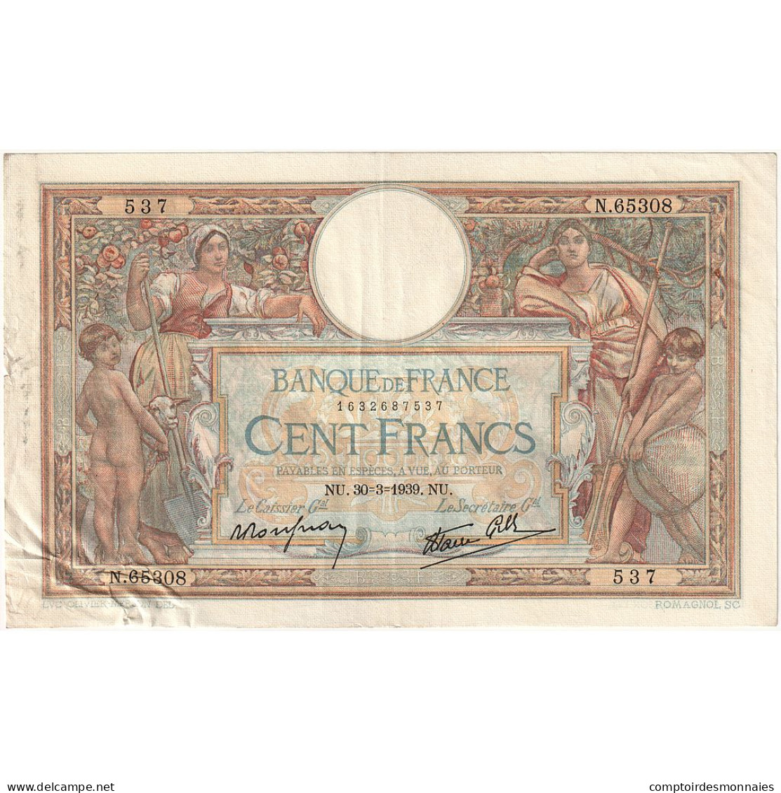 France, 100 Francs, Luc Olivier Merson, 1939, N.65308, TB+, Fayette:25.44 - 100 F 1908-1939 ''Luc Olivier Merson''