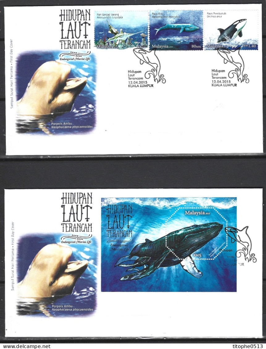 MALAISIE. N°1768-70 + BF 187 De 2015 Sur 2 Enveloppes 1er Jour. Baleine/Orque/Poisson-scie. - Ballenas