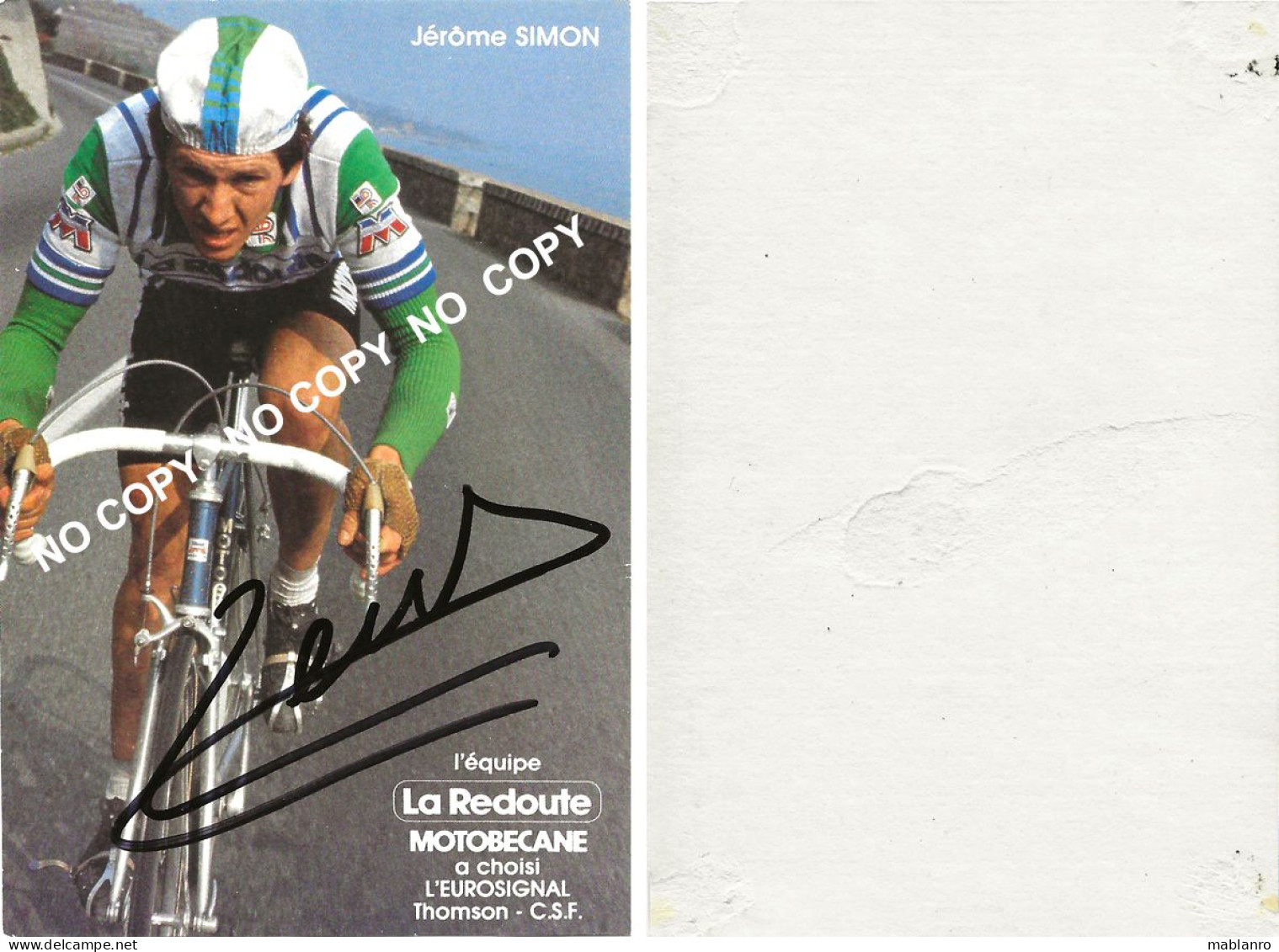 CARTE CICLISME JEROME SIMON TEAM LA REDOUTE 1982 ( COUPE, FORMAT 10 X 14,8, VOIR PARTIE ARRIERE ) - Cyclisme