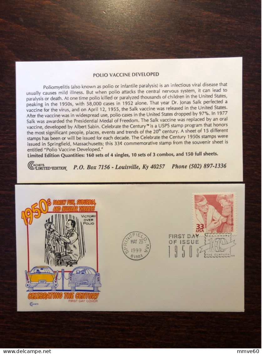 USA FDC COVER 1999 YEAR POLIOMYELITIS POLIO SALK HEALTH MEDICINE STAMPS - 1991-2000