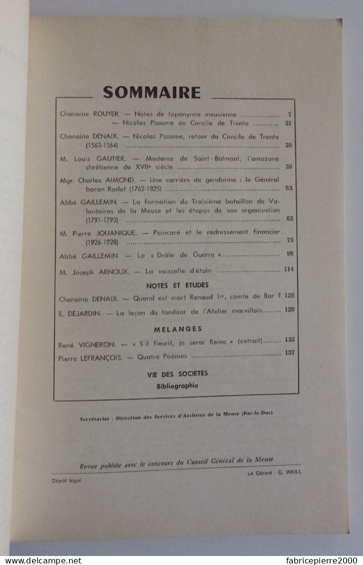 BULLETIN DES SOCIETES D'HISTOIRE ET D'ARCHEOLOGIE DE LA MEUSE N°1 1964 TBE Bar-le-Duc Verdun Commercy - Lorraine - Vosges