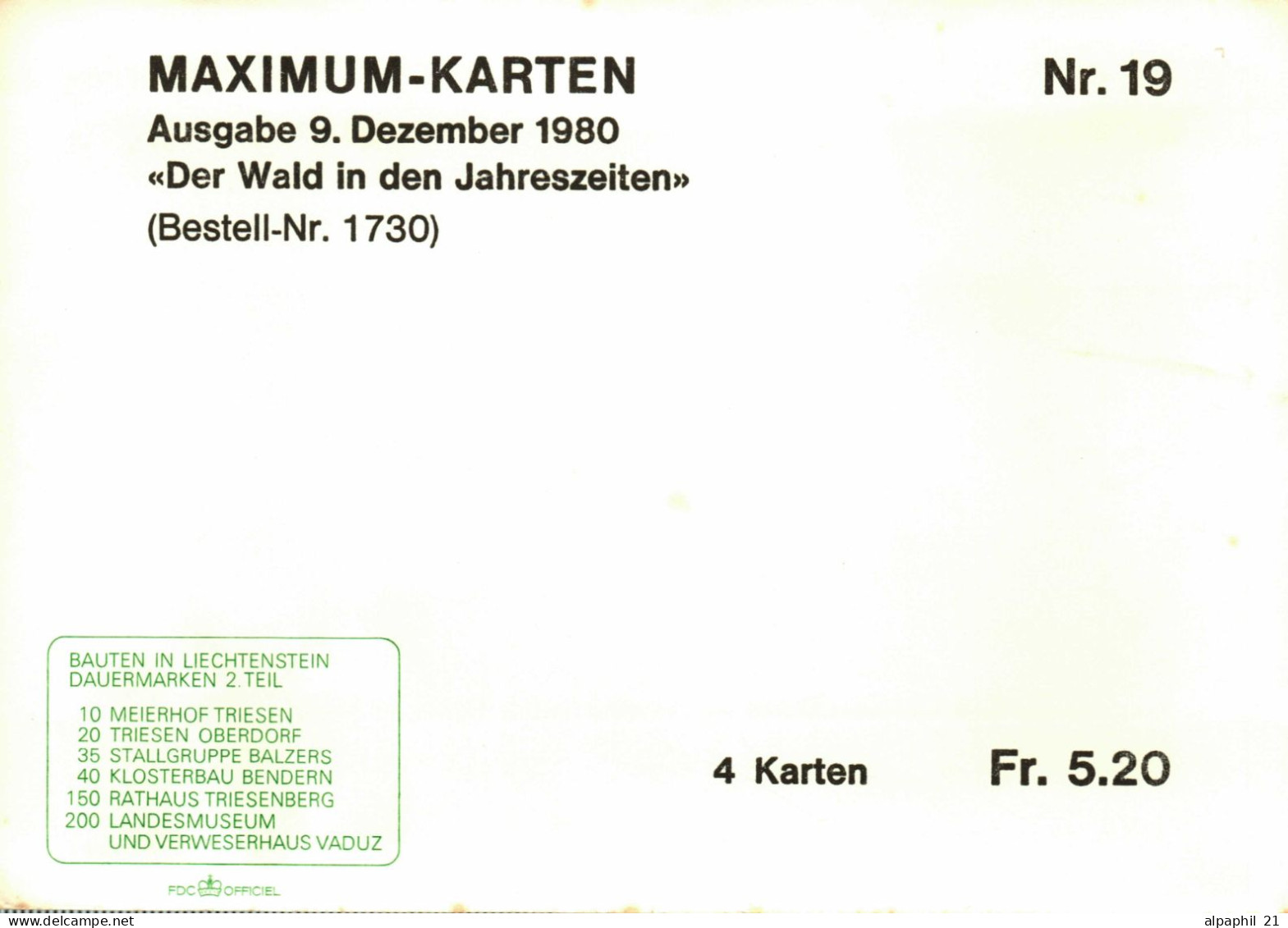 Liechtenstein 1980 Maximum Card X4 Nr. 19 - Usados