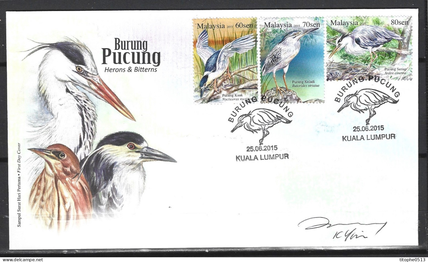 MALAISIE. N°1785-7 De 2015 Sur Enveloppe 1er Jour. Héron. - Storks & Long-legged Wading Birds