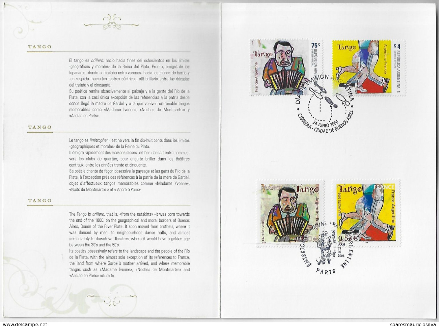 Argentina France 2006 Folder Joint Issue 4 Stamp + 2 Commemorative Cancel Tango Music Dance Musical Instrument Shoe - Brieven En Documenten