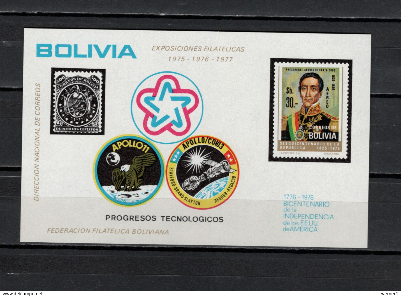 Bolivia 1975 Space, Apollo-Soyuz, US Bicentennial S/s MNH - Amérique Du Sud