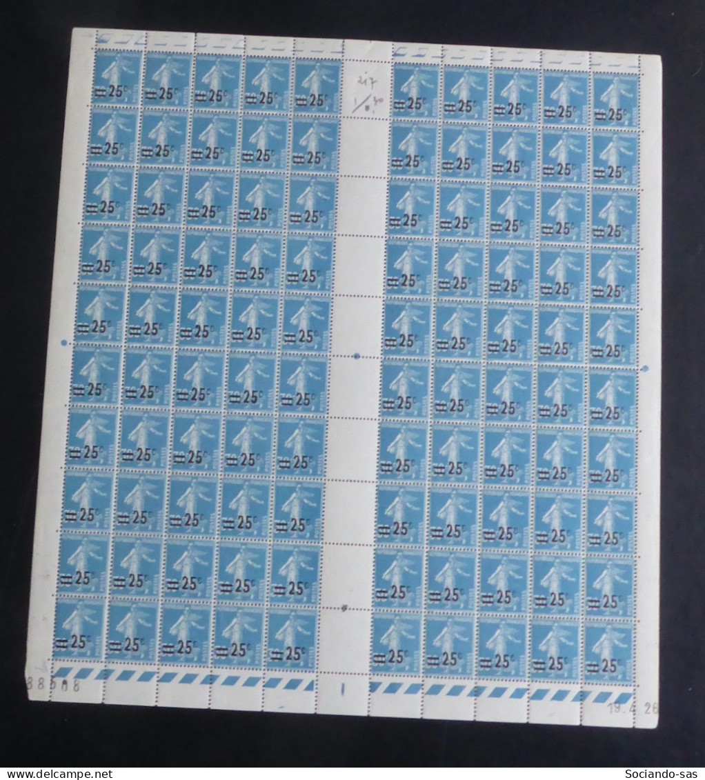 FRANCE - 1926 - N°YT. 217 - Type Semeuse Camée 25c Sur 30c Bleu - Feuille Complète - Neuf Luxe** / MNH - Feuilles Complètes