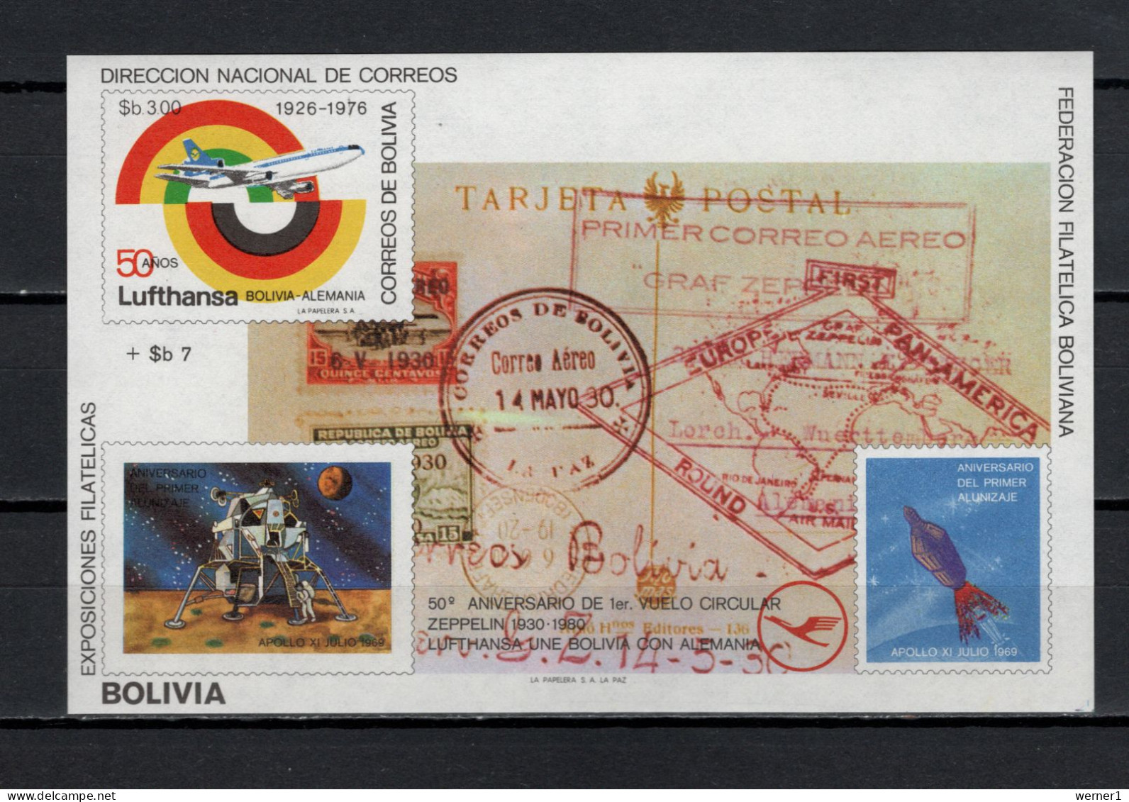 Bolivia 1980 Space, Apollo 11 Moonlanding, Zeppelin S/s MNH - América Del Sur