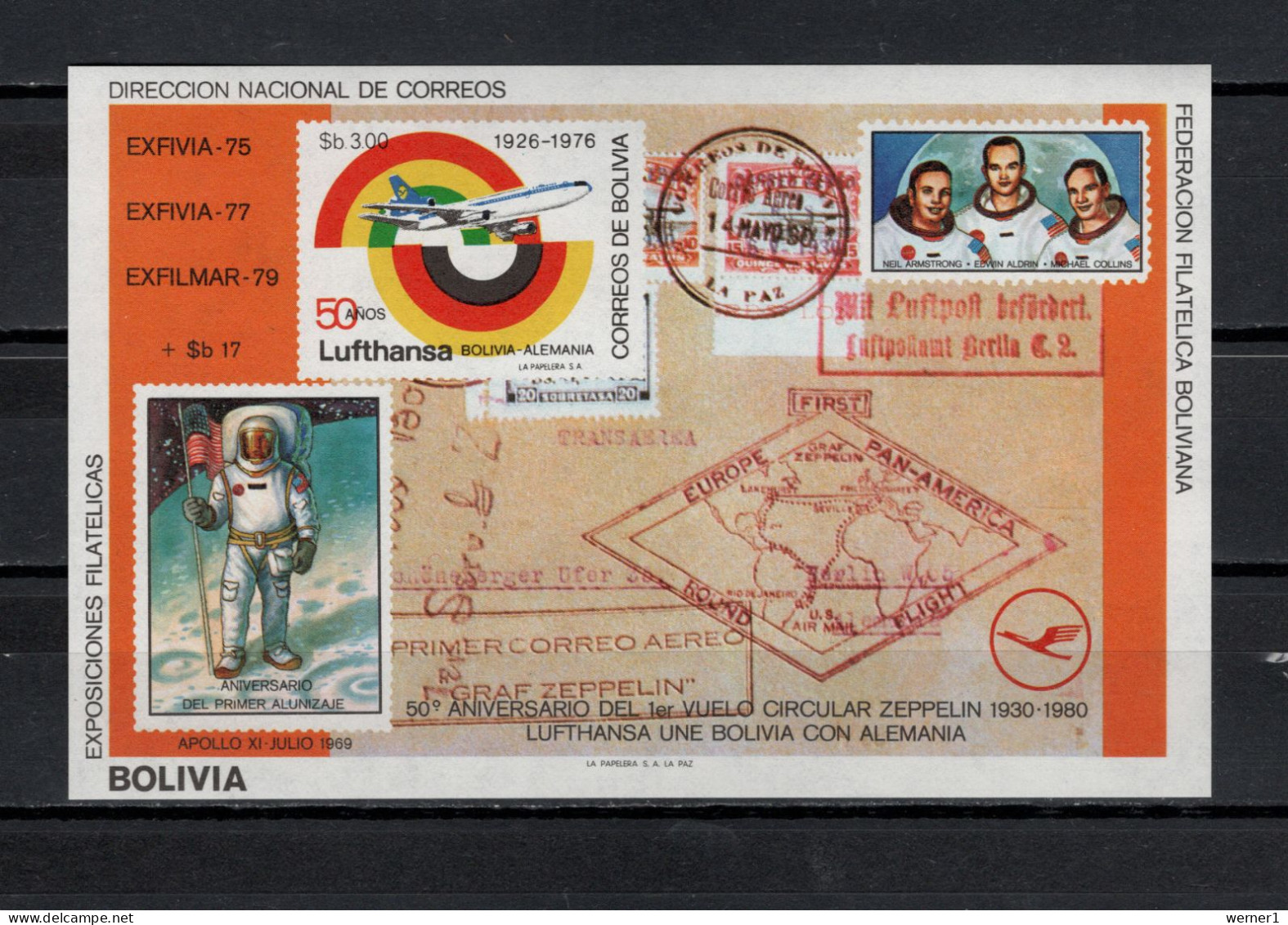 Bolivia 1980 Space, Apollo 11 Moonlanding, Zeppelin S/s MNH - Amérique Du Sud