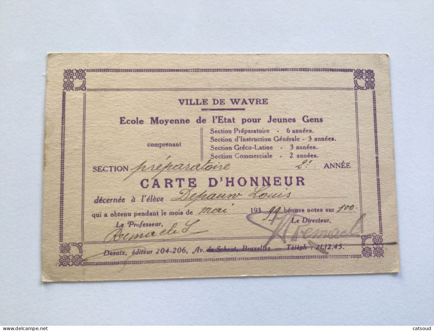 Ancienne Carte D’honneur (1932) Ville De Wavre École Moyenne De L’État Depauw Louis Congo Belge - Waver
