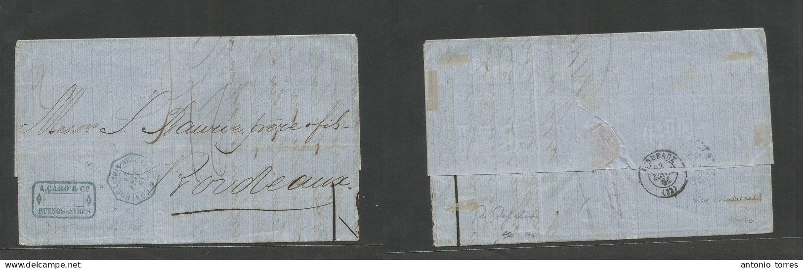 Argentina. 1861 (13 Febr) Buenos Aires - France, Bordeaux (23 March) E With Text, Blue French Consular Octogonal Cachet - Andere & Zonder Classificatie