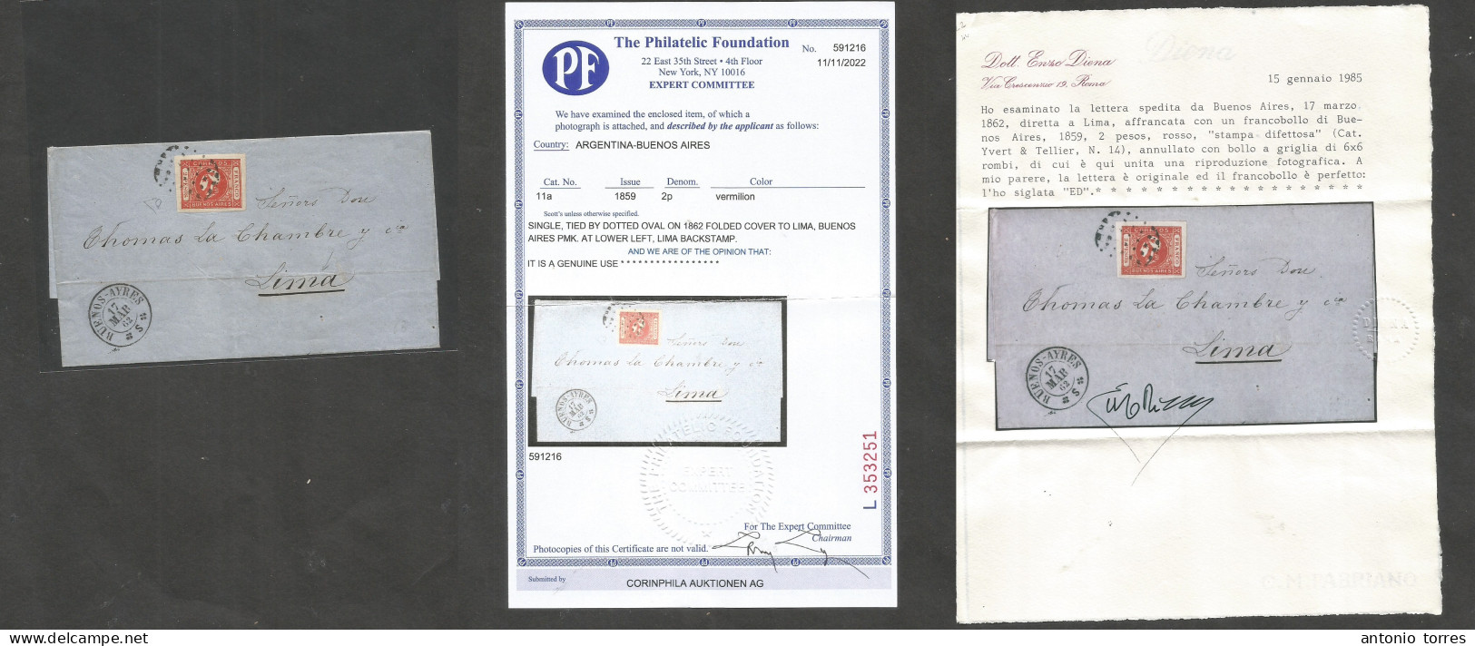 Argentina. 1862 (17 March) Buenos Aires - Peru, Lima (26 March) E Fkd Cabecitas 2 Pesos Red Large Margin, Tied Postes To - Autres & Non Classés