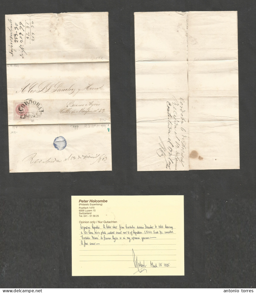 Argentina. 1863 (6 Dec) Cordoba - Buenos Aires. EL With Full Text, Fkd 5c Rose Escudito Huge Margin, Tied Semi Oval Town - Altri & Non Classificati