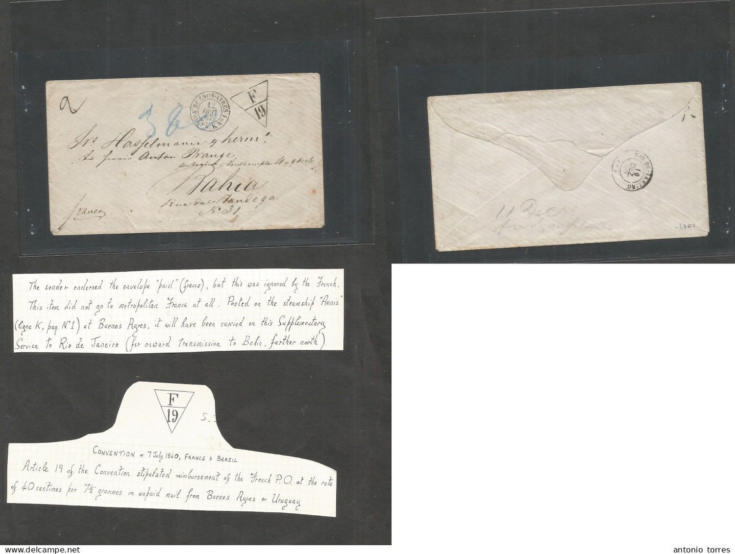 Argentina. 1867 (12 Dec) Buenos Aires - Bahia, Brazil (19 Dec) Stampless Envelope Carried By French Paquebot By The Extr - Altri & Non Classificati