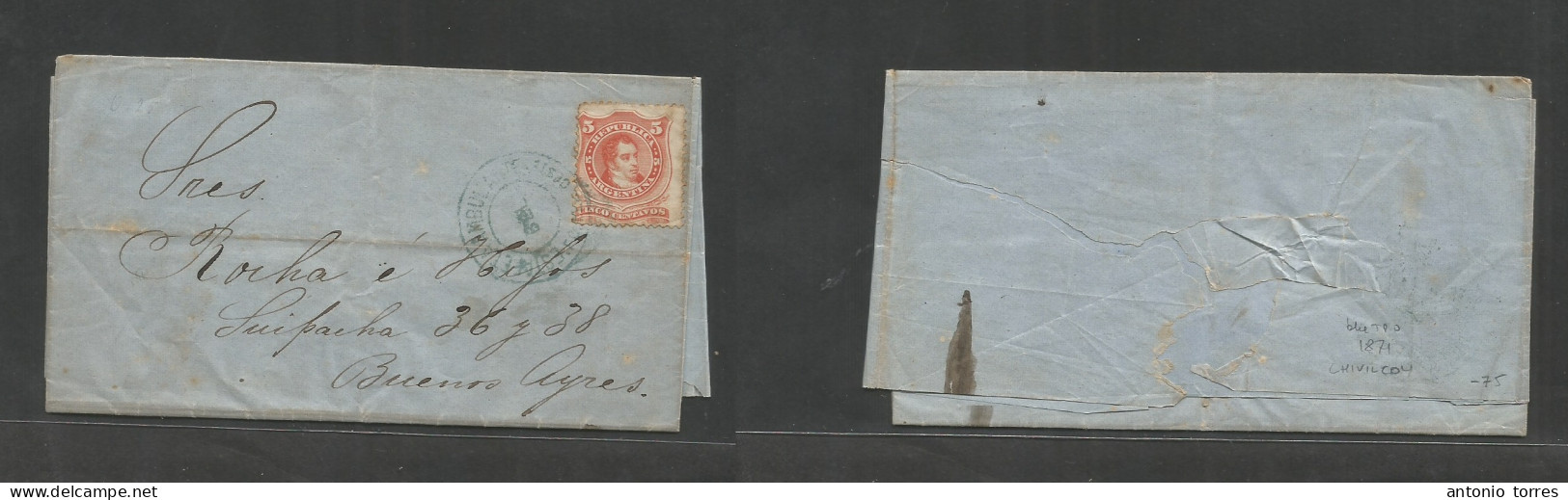 Argentina. 1871 (27 Jan) Chivilcoy - Buenos Aires. EL With Text, Fkd 5c Vermilion, Tied Blue Depart TPO. Scarce. - Other & Unclassified