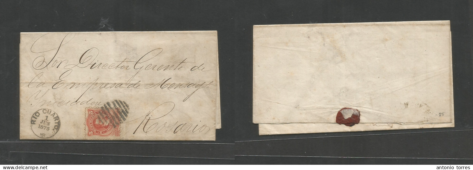 Argentina. 1875 (31 May) Rio Cuarto - Rosario. EL With Text, Fkd 5c Vermilion, Tied Grill, Cds Alongside. Fine Scarce Us - Other & Unclassified