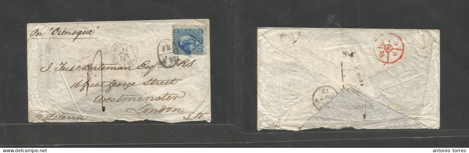 Argentina. 1875 (10 July) Buenos Aires - London, England (7 Aug) Fkd Env 15c Blue, Cancelled "B" Romboid, Tied "FR 2fr 2 - Other & Unclassified