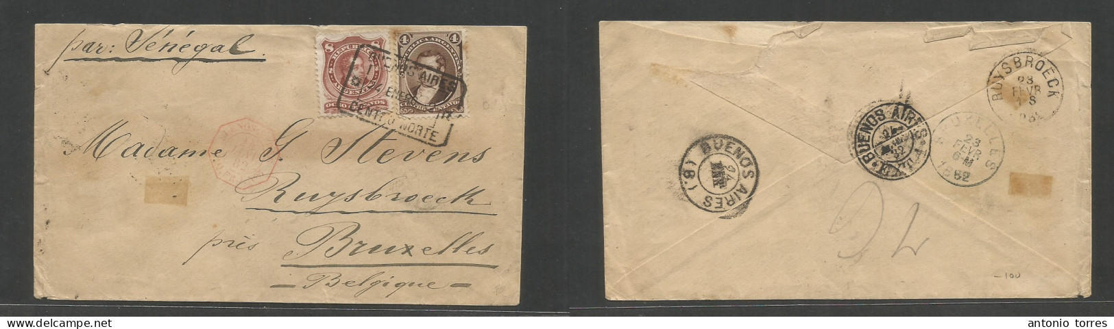 Argentina. 1882 (24 Ene) Buenos Aires Centronorte - Belgium, Bruxelles (23 Febr) Via French Pqbt Buybroek. Reverse Trans - Other & Unclassified