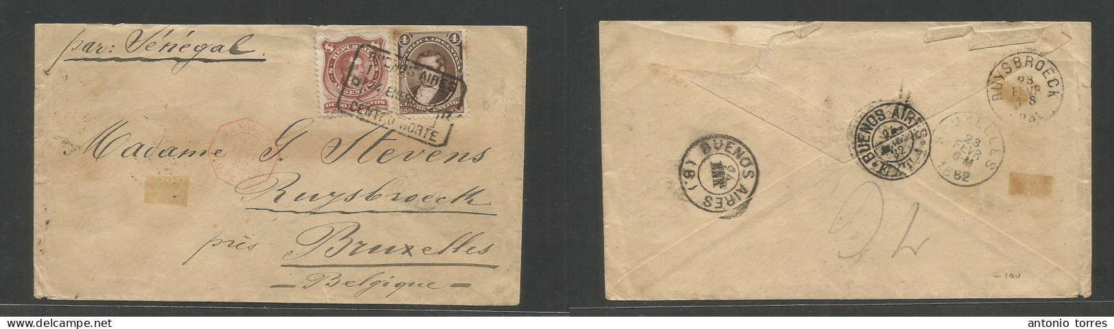 Argentina. 1882 (24 Ene) Buenos Aires Centronorte - Belgium, Bruxelles (23 Febr) Via French Pqbt Buybroek. Reverse Trans - Sonstige & Ohne Zuordnung