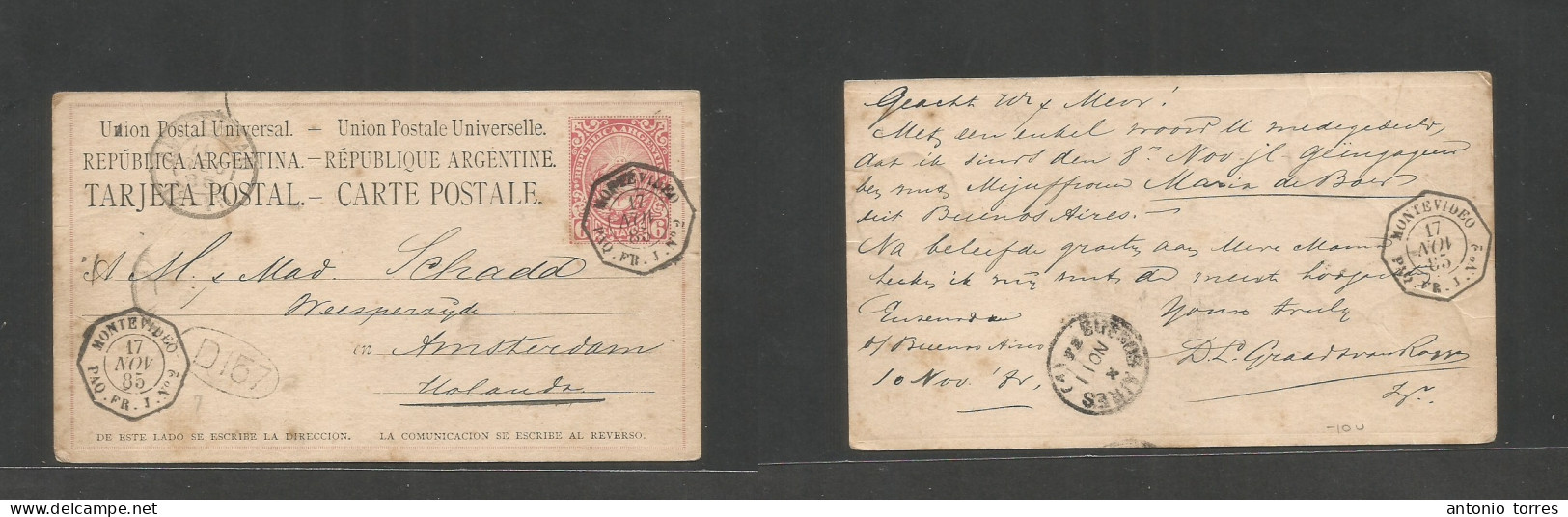 Argentina - Stationery. 1885 (10 Nov) Ensenada, Buenos Aires - Netherlands, Amsterdan (11 Dec) 6c Rose Red Stat Card Wit - Autres & Non Classés