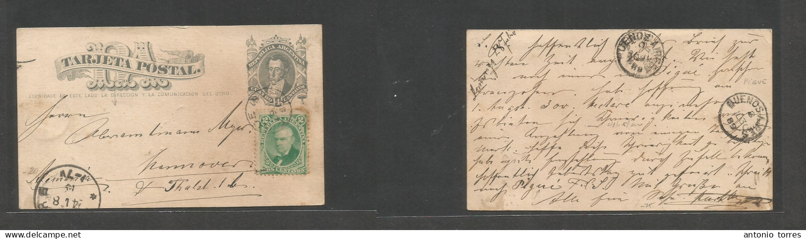 Argentina - Stationery. 1889 (29 July) Pique - Germany, Hannover (24 Aug) Early 4c Grey Stata Card + 2c Green Adtl, Tied - Other & Unclassified