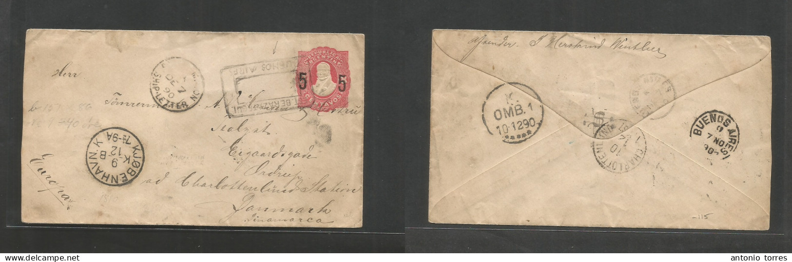 Argentina - Stationery. 1890 (Nov) Estacion Beraztegui - Denmark, Cph (9 Dec) Via Southampton Ship Letter Cds Alongside - Andere & Zonder Classificatie