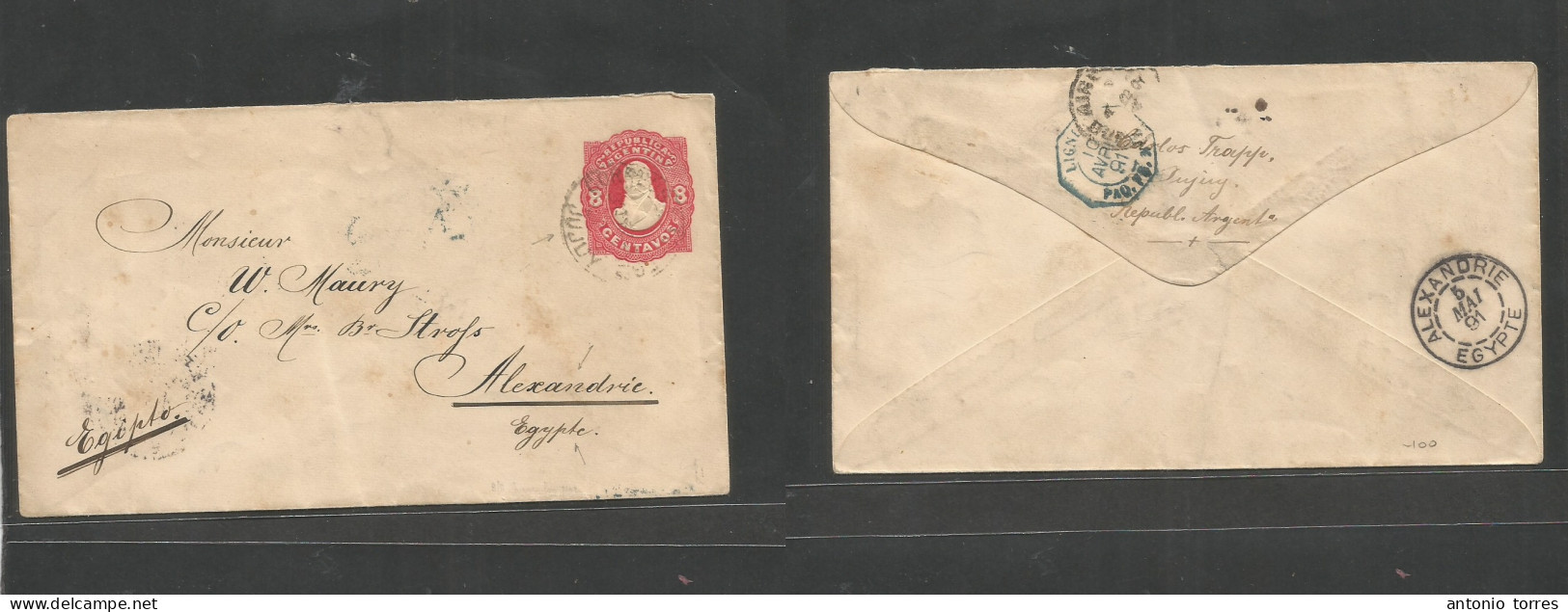 Argentina - Stationery. 1891 (April) Jujuy Correos Grs - Egypt, Alexandria (5 May) Via Buenos Aires - French Pqbt Revers - Altri & Non Classificati