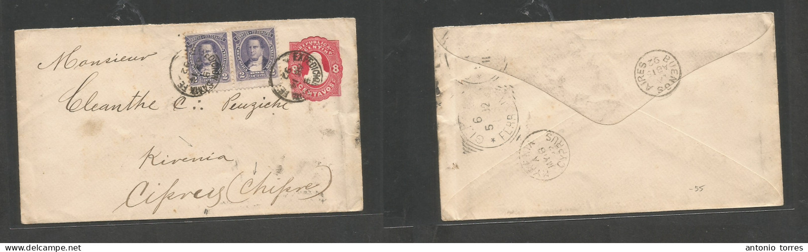 Argentina - Stationery. 1892 (14 Abr) Santa Fe - Cyprus, Kyneria (18 May) Via Buenos Aires - Italy (5 Dec) 8c Red Embose - Autres & Non Classés