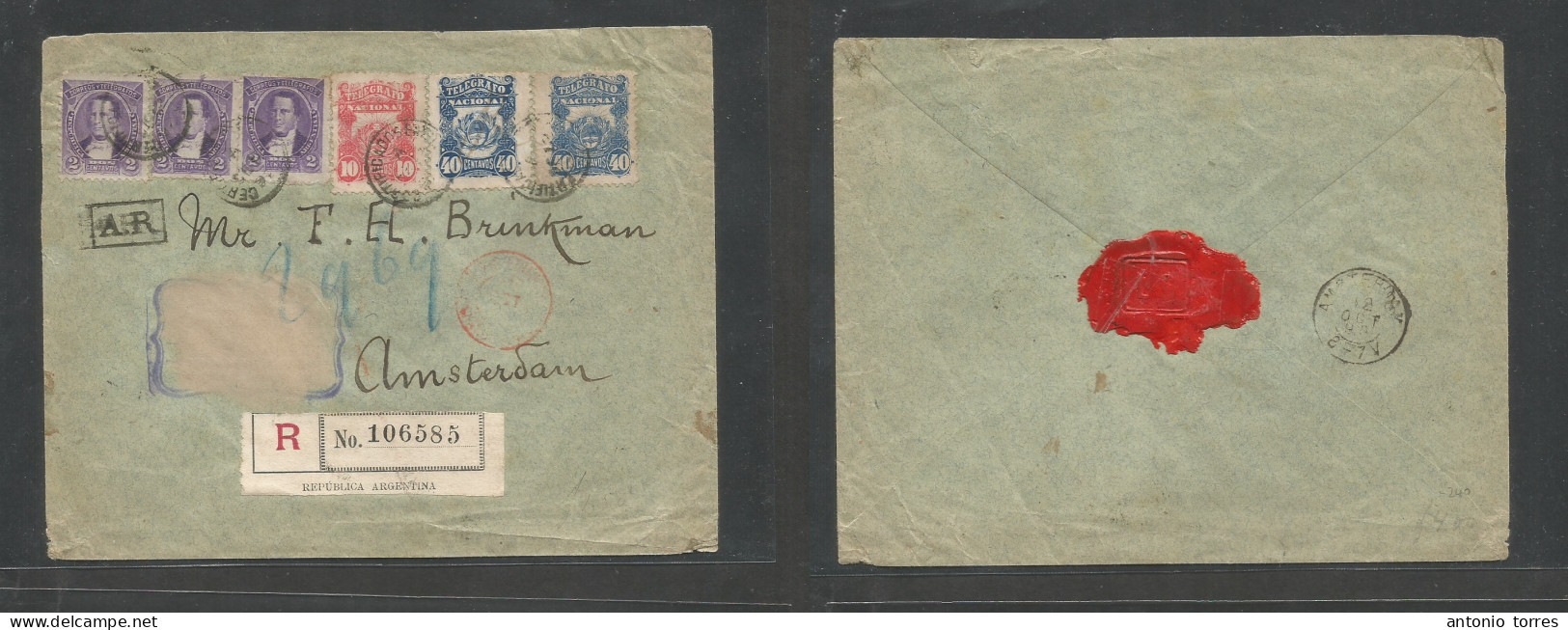 Argentina. 1892 (Sept) Buenos Aires - Netherlands, Amsterdam (12 Oct) Registered AR Multifkd Envelope, Transited Thought - Autres & Non Classés