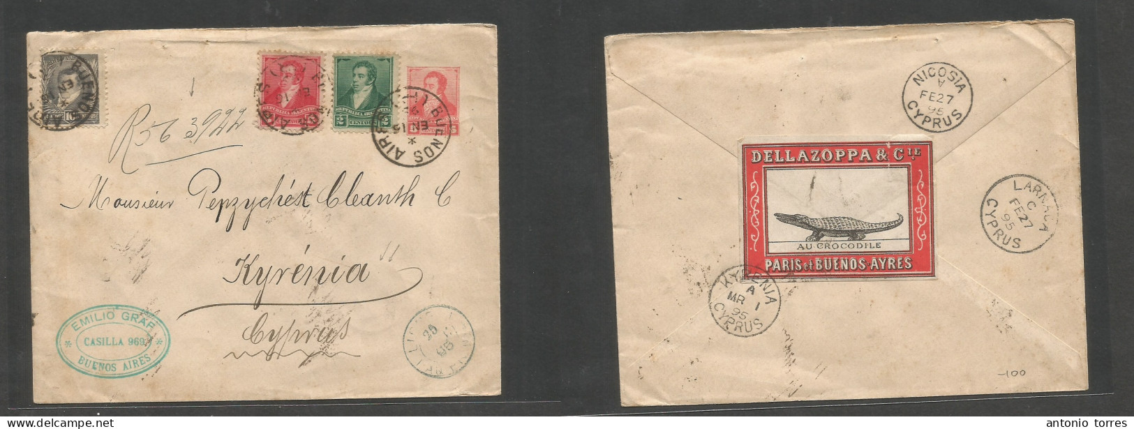 Argentina - Stationery. 1895 (15 Jan) Buenos Aires - Cyprus, Kyrenia (Febr 1) Via Larnaca - Nicosia. Registered Multifkd - Otros & Sin Clasificación