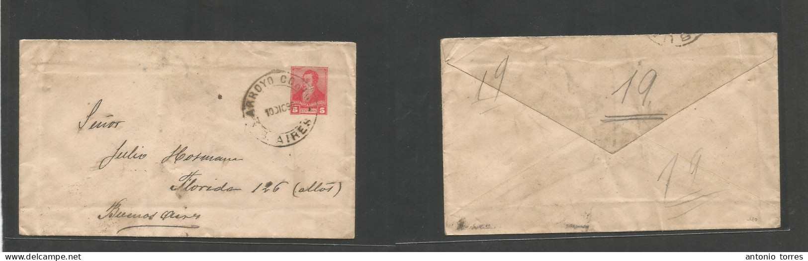 Argentina - Stationery. 1896 (10 Dic) Arroyo Corto - Buenos Aires. 5c Vermillion Stat Envelope. Depart Cds Cachet. VF + - Other & Unclassified