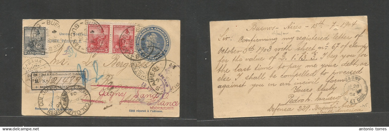 Argentina - Stationery. 1904 (15 July) Buenos Aires - Ceylon, Rangam, Indian Ocean (4 Sept) Fwded Via London - Colombo. - Other & Unclassified