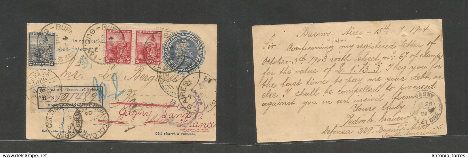 Argentina - Stationery. 1904 (15 July) Buenos Aires - Ceylon, Rangam, Indian Ocean (4 Sept) Fwded Via London - Colombo. - Sonstige & Ohne Zuordnung