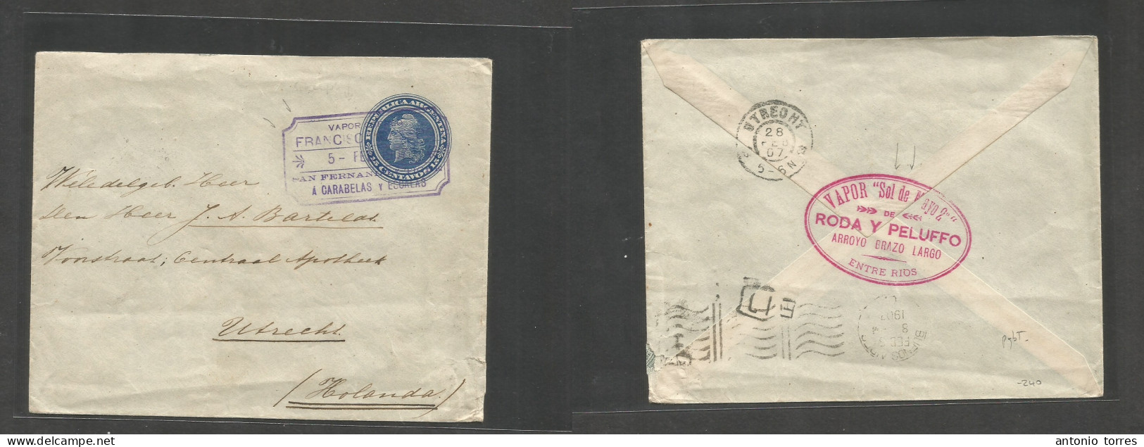 Argentina - Stationery. 1907 (5 Febr) Pqbt Mail "Vapor Francisco / San Fernando Y Tilde A Carabelas Y Escalas" 15c Blue - Otros & Sin Clasificación