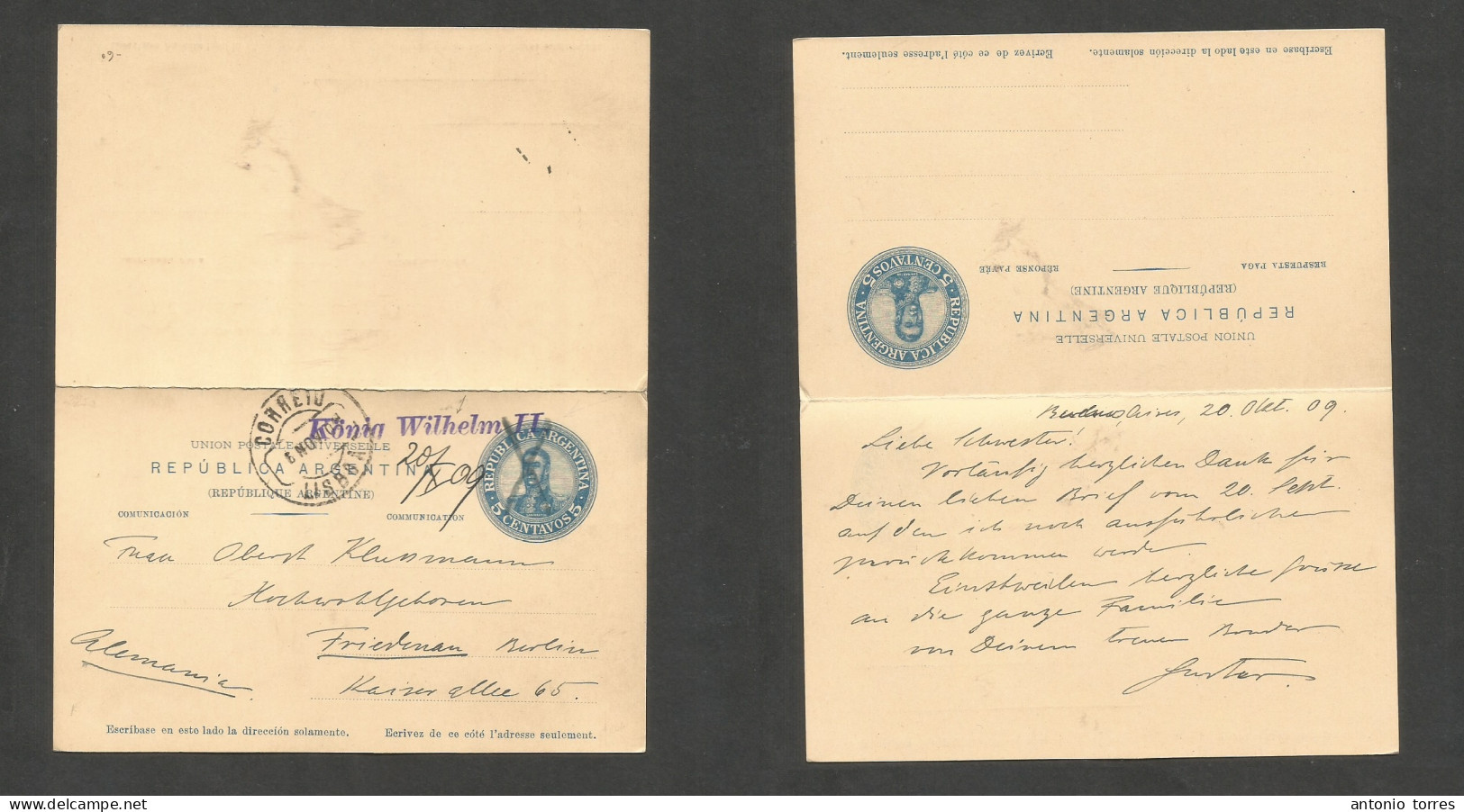 Argentina - Stationery. 1909 (20 Oct) Buenos Aires - Germany, Friedman. 5c Blue Doble Stat Card, Cancelled "Konig Wilhel - Sonstige & Ohne Zuordnung
