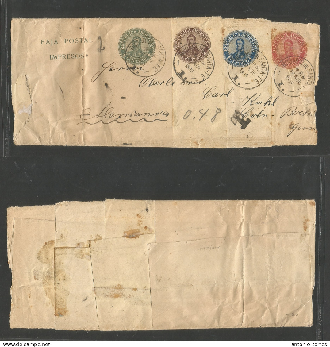 Argentina - Stationery. 1909 (18 Nov) Rosario Sta. Fe - Germany, Koln. A Most Unusual Four Complete Diff Stationary Wrap - Other & Unclassified